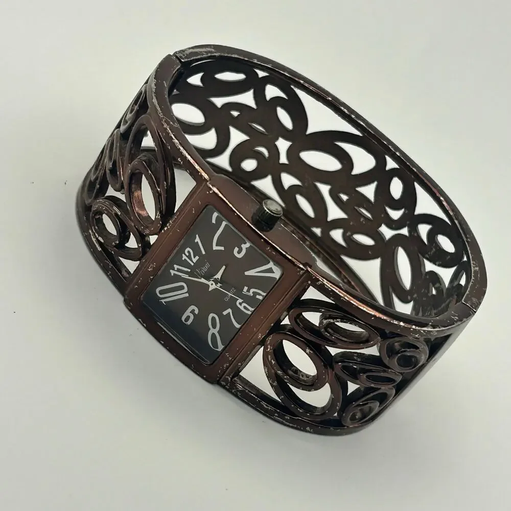 Vivani Women's Rose Gold Tone Wide Cuff Bangle Watch Working New Battery
